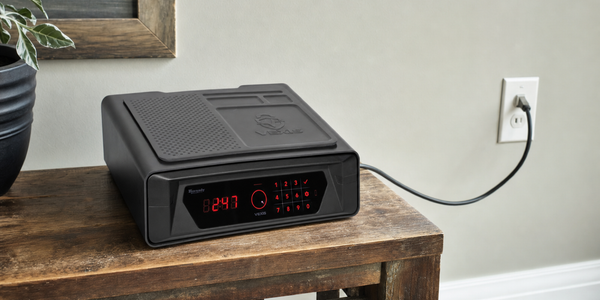 A Hornady VEXIS Night Guard safe on a worn wooden console in an illustrative home setting.