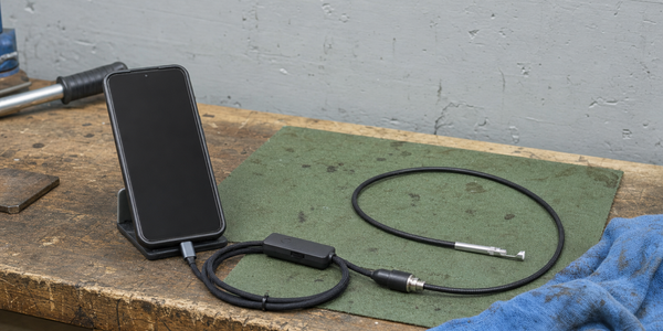 A Teslong NTG100-C borescope connected to an unbranded phone on a worn bench, with its probe resting on a green mat.