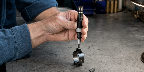 A hand uses an unbranded torque driver on a scope-ring cap at a worn workshop bench.