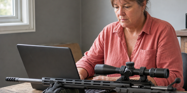 Generated photograph of a woman checking a laptop beside a supported modern bolt-action rifle at a home workbench.