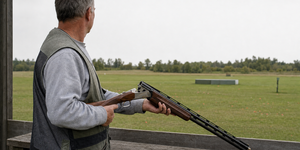 Generated photograph of a local trap participant supporting an open over-under shotgun beside a range rail.