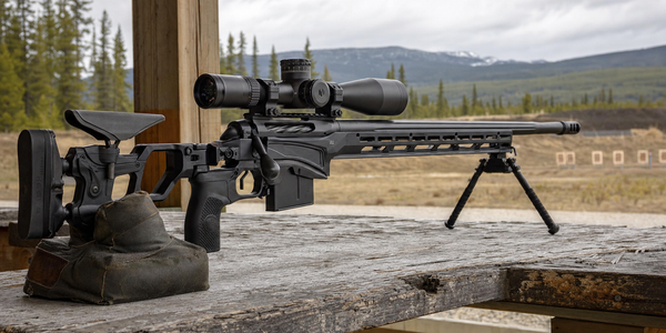 An unbranded modern precision rifle rests on a Canadian outdoor range bench before a session.