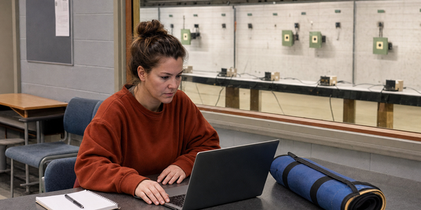 Generated photograph of a volunteer studying at a laptop in a target-shooting club classroom.