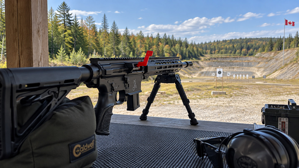 A black carbine with a red chamber flag rests on supports at an outdoor shooting range.