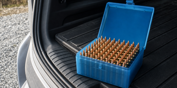 Generated illustration of finished cartridges in an open blue box inside a parked vehicle.