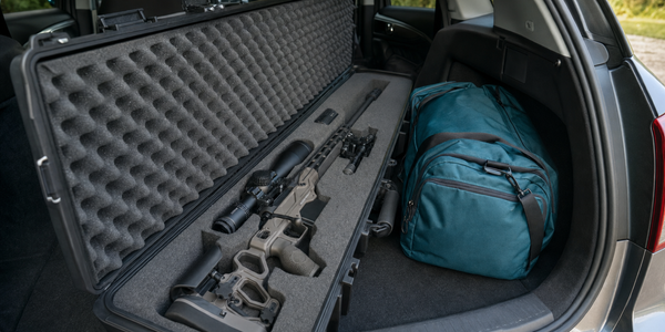 Illustrative cased rifle beside luggage in parked car.