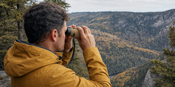 An adult looking through an FDE Leica Geovid Max binocular across a forested valley.