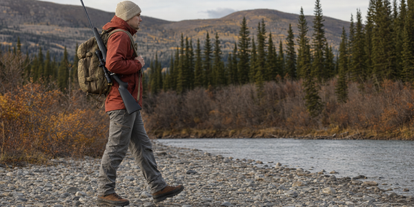 Hunter with a slung rifle and pack walking river gravel below spruce foothills.