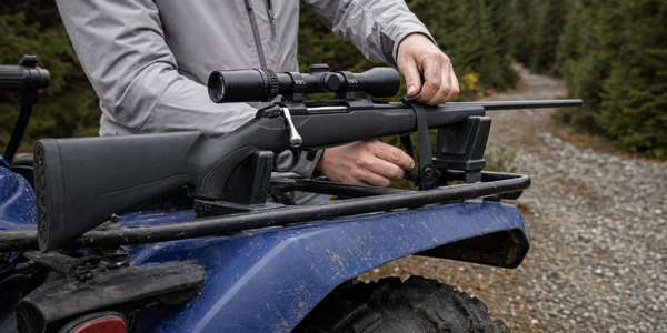 A hunting rifle rests in two supports across an ATV rack while a person beside the vehicle adjusts a strap.