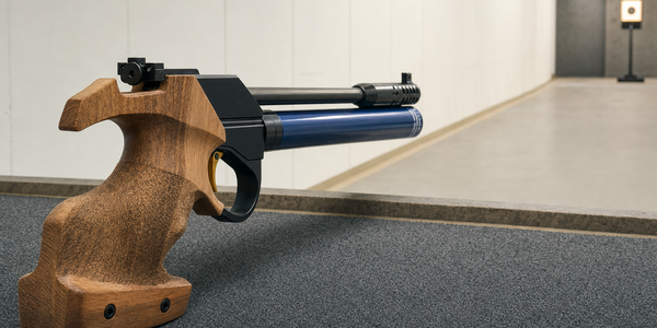 A wood-gripped match air pistol with blue cylinder faces a distant range target.