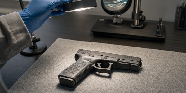 A gloved hand adjusts a lamp above a pistol on a grey mat, with a magnifier behind.