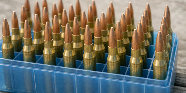 Brass bottleneck cartridges with copper bullets stand in a translucent-blue ammunition tray on a grey timber bench.