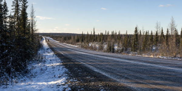 Snow edges a long gravel road through subarctic spruce, with one distant pickup under clear, low daylight.