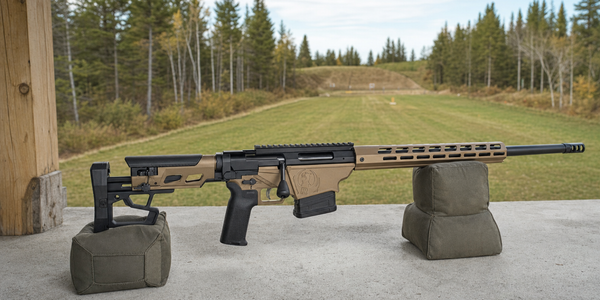 A bronze-and-black Ruger Precision Rifle rests on two supports on a concrete bench beside an empty outdoor range.