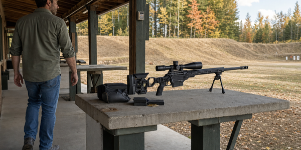 Generated club member beside supported bolt-action rifle.