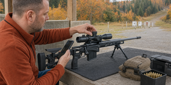 A shooter holds a phone beside a supported chassis rifle while reaching for its scope turret at an outdoor range.