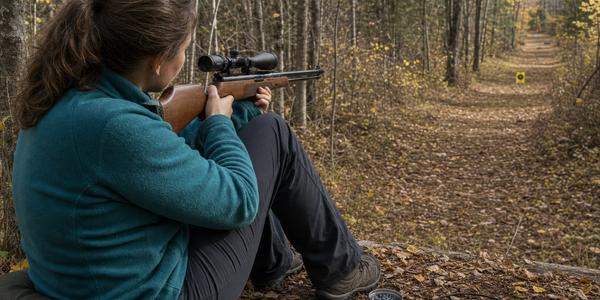 A seated field-target participant holds a scoped air rifle at shoulder height while looking down a woodland lane.