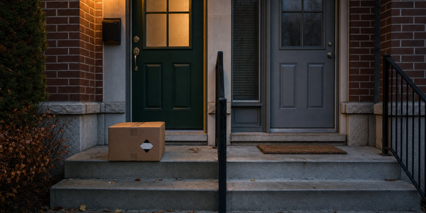Adjacent townhouse entrances at dusk, with a sealed cardboard parcel bearing a black-and-white diamond mark on one step.