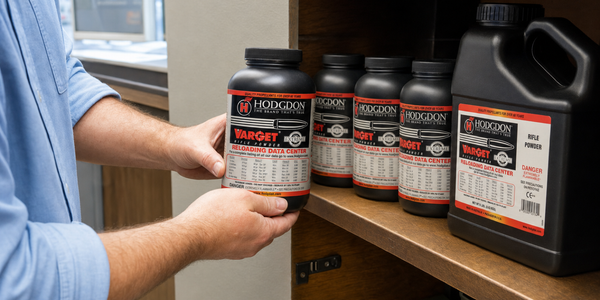 A shop employee in a blue shirt places a closed powder bottle beside other capped containers on a wooden cabinet shelf.