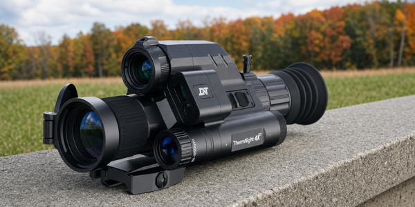 A black DNT ThermNight TNC4K219R rests on an outdoor concrete bench, with distinct front optical apertures and a distant autumn tree line.