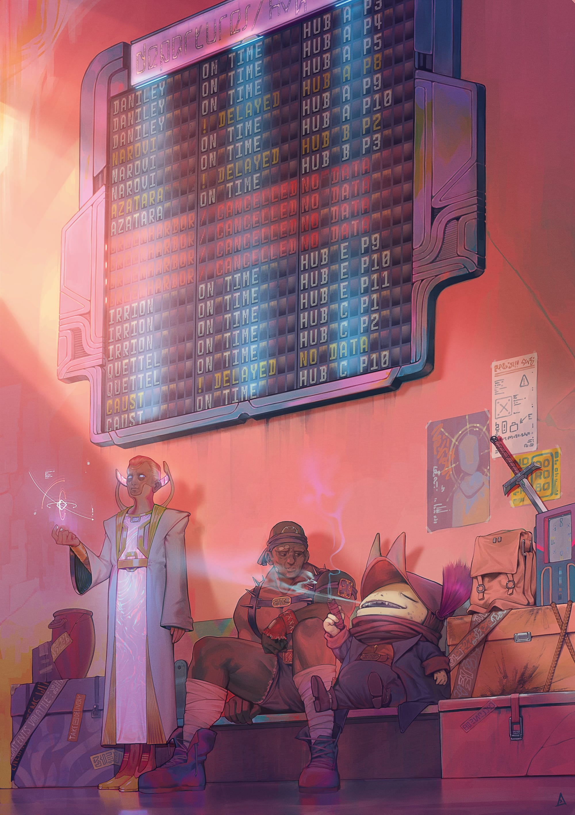 Travelers (a sci-fi bureaucratic, a buff punk, and a little orbular weirdo) rest under an ETA board at a spaceport. They're surrounded by traveling trunks and weird ephemera, including a sword.