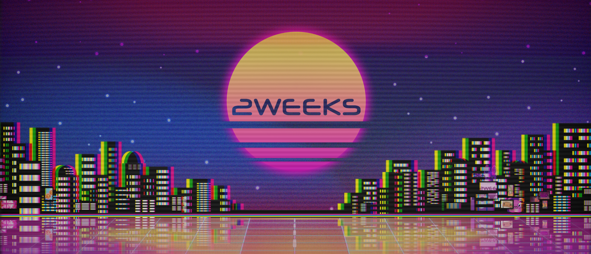 The 2Weeks logo, of a neon setting sun and a cityscape. 
