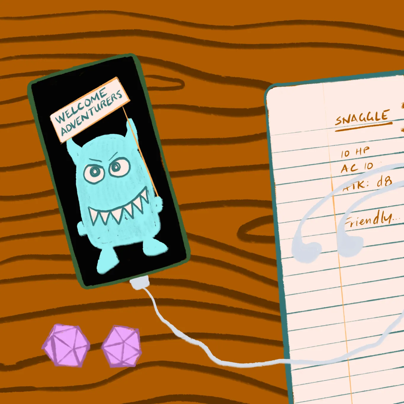 A phone rests upon a desk next to a pair of dice and a notebook, its screen displaying a monster holding a sign that reads, "Welcome adventurers!"