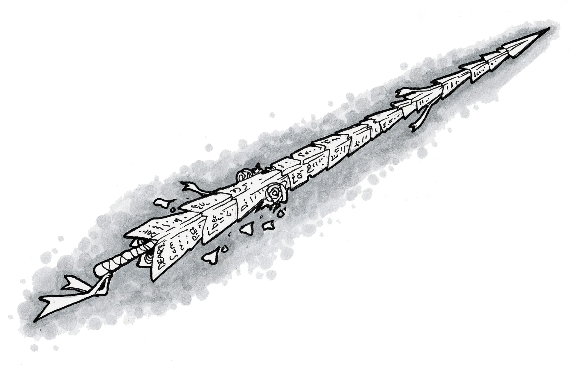 A grayscale pen and ink illustration of a javelin composed of many love letters folded into paper airplanes, the tip of one jutting into the next