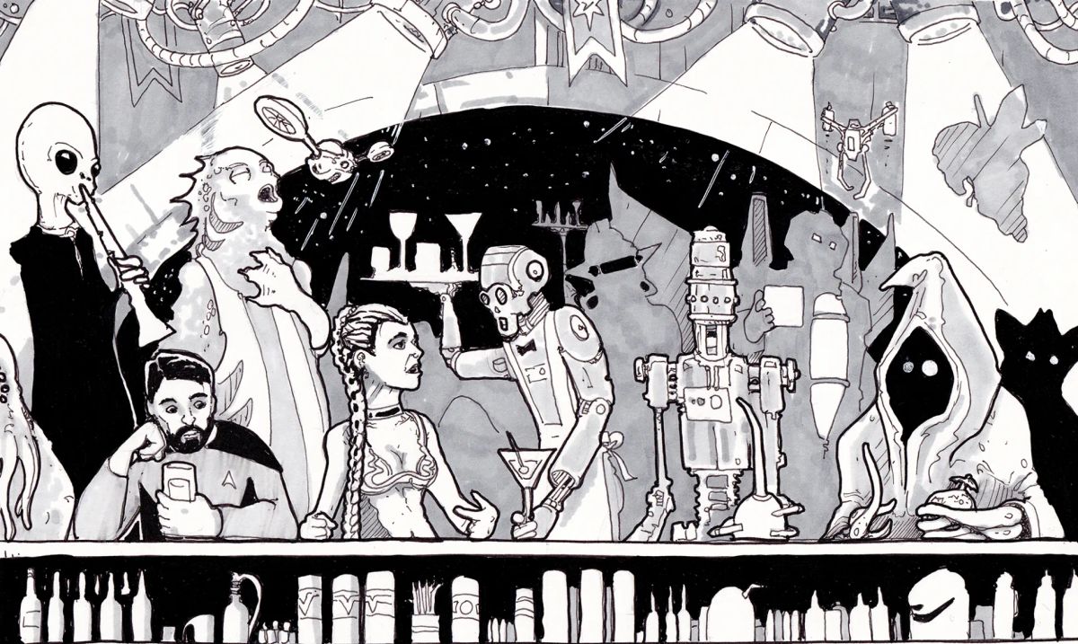 A sci-f cantina scene featuring, drones, droids, and aliens