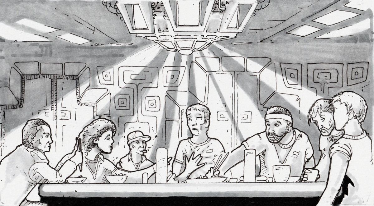 A grayscale pen and ink sci-fi tableau of seven crewmembers sharing a meal around a large table. A geometric multi-faceted fixture casts beams of light upon them from the ceiling.
