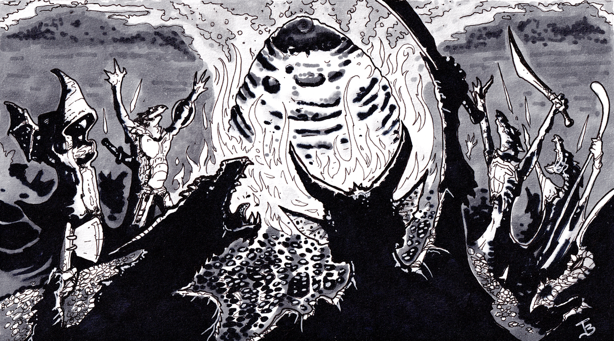 A black-and-white ink illustration of Kobolds raising their arms and bellowing around a bonfire with a massive egg nestled at the center of the flames.