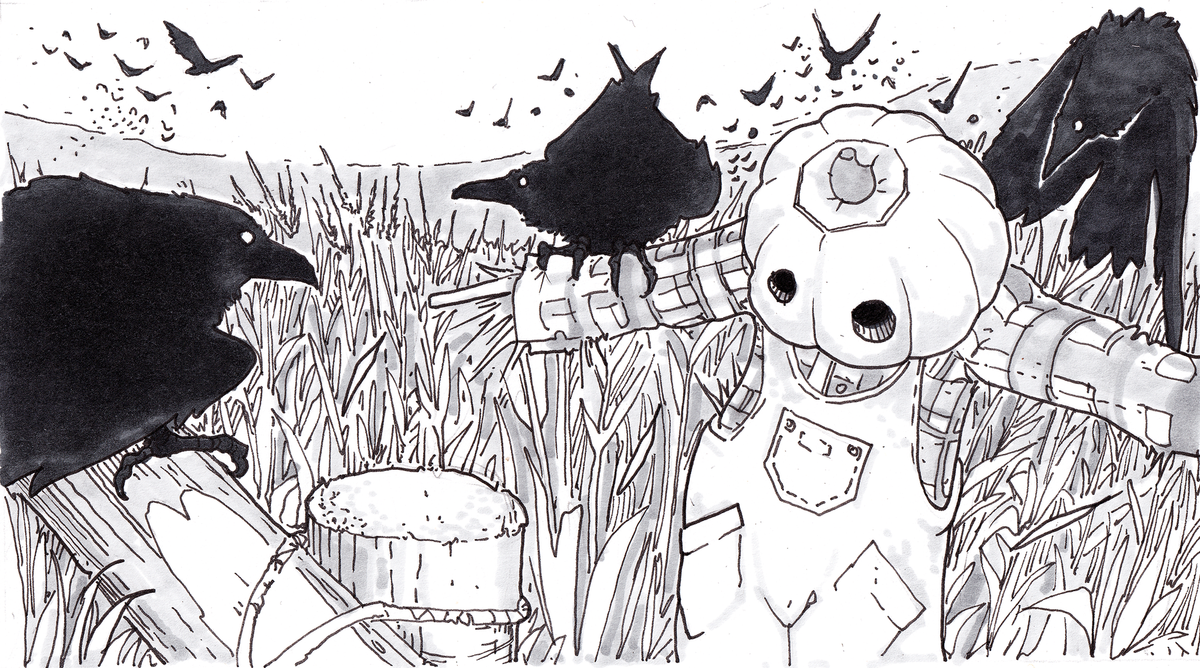 Pen and ink illustration of a scarecrow in a field swarmed by crows.