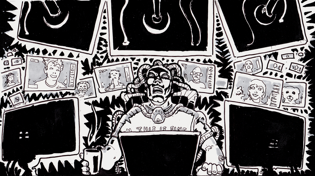A man in a cyberpunk suit reading 'this is fine'. Tubes are jacked into his skull, and he has an agitated facial expression. He is holding a cup of coffee, and is surrounded by monitors.