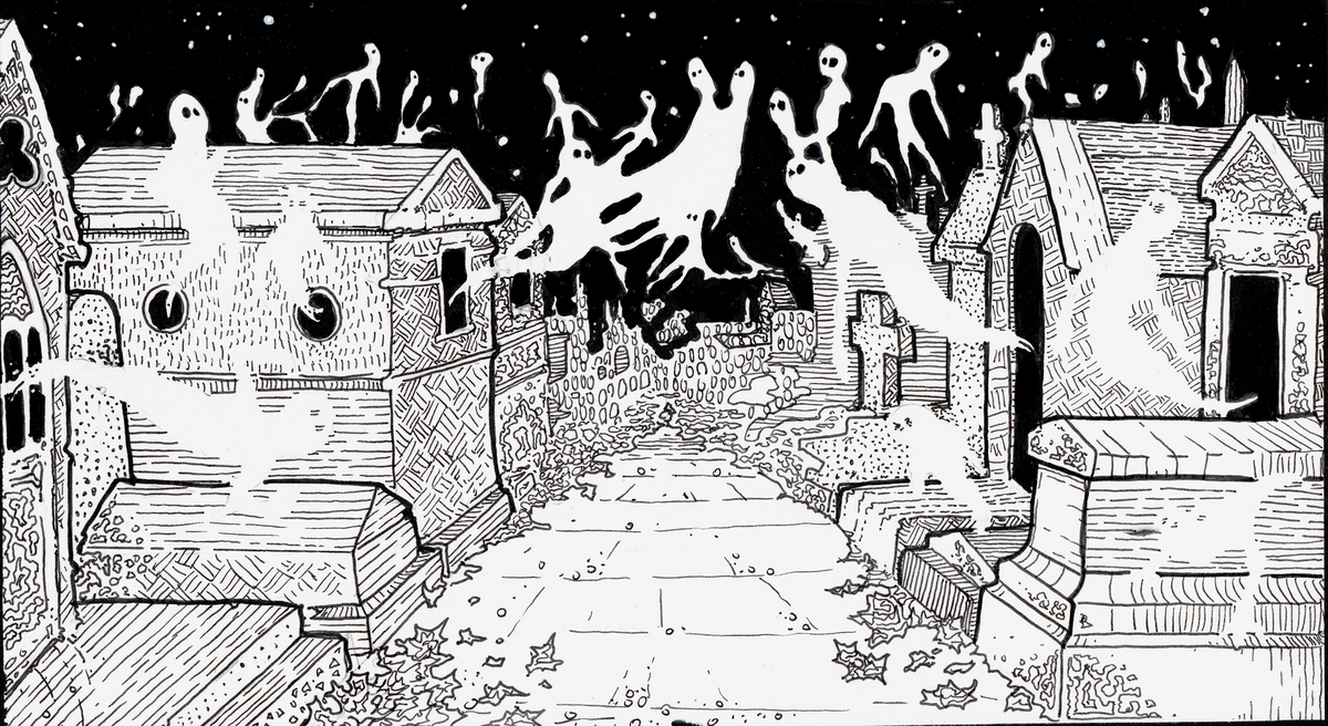 A black-and-white pen-and-ink illustration of a cemetery full of floating ghosts