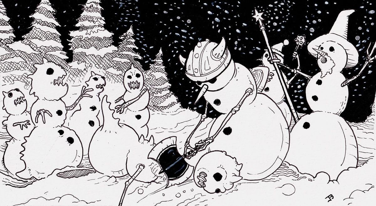 Pen and ink illustration of a snowman beheading another snowman with an axe while a wizard snowman and several others look on