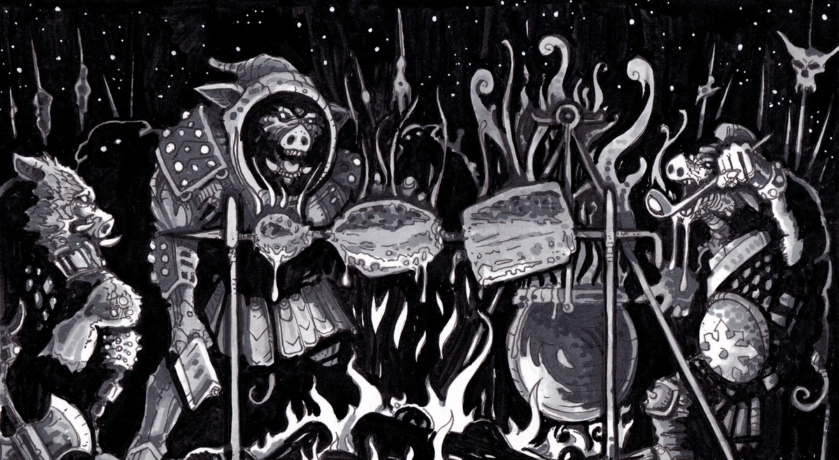 A black-and-white ink illustration of a group of pig-faced orcs gather around huge slabs of meat roasting on a spit over a bonfire.