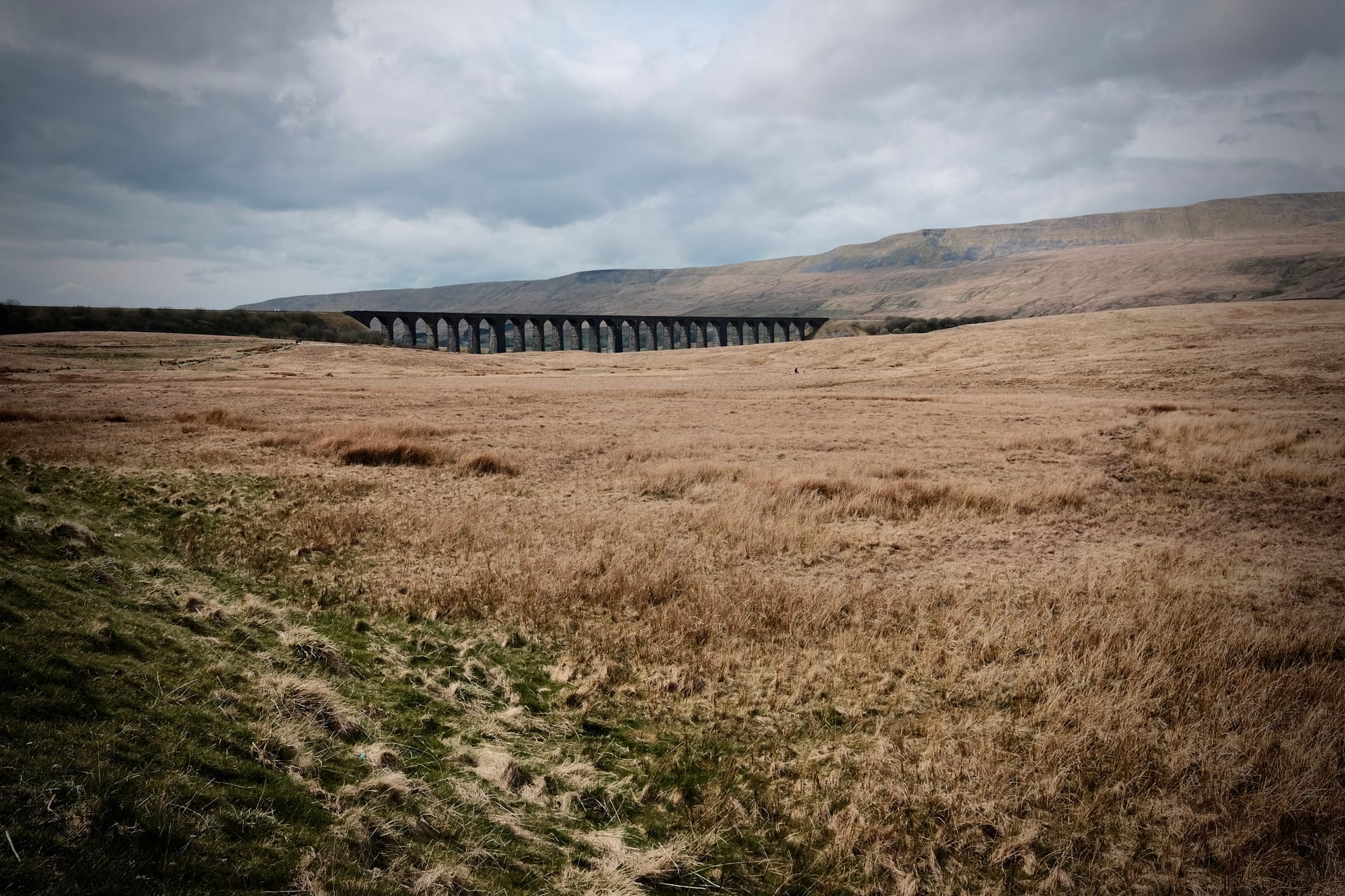 The dark brick form of the Ribblehead Viaduct stretches out across an upland landscape covered in yellow grass.