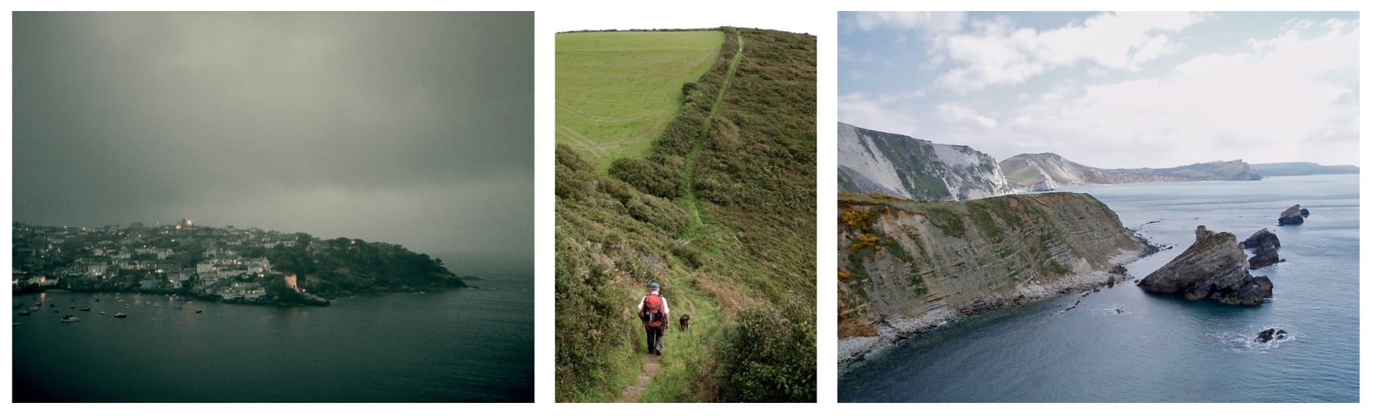 A triptych of three photos of the South West Coast path: a headland town in a storm at dusk, a man and dog on steep cliff steps, and a cliffs stretching down to the sea.