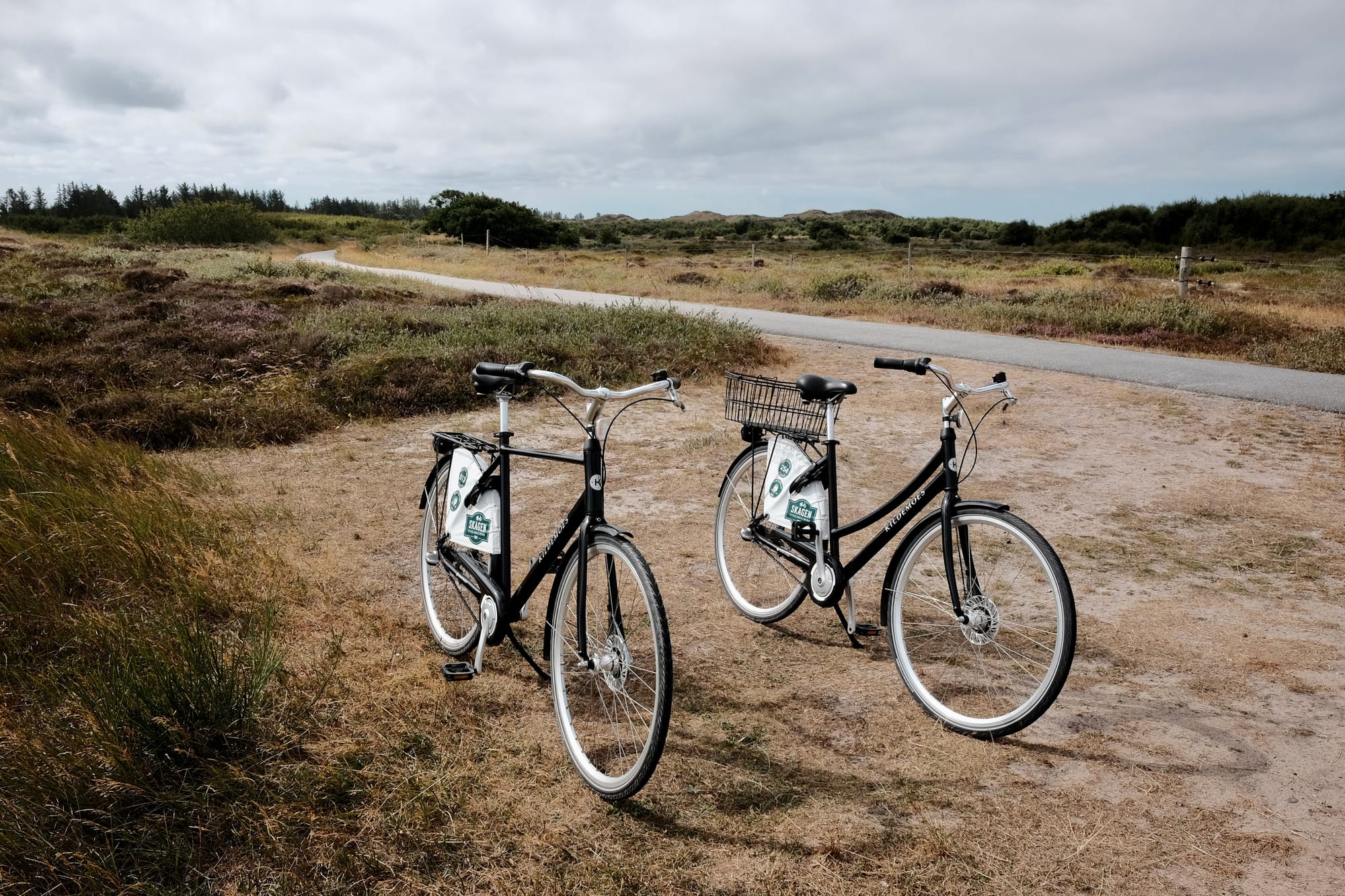 Two black Kildemoes bikes stand on the grass beside a tarcmac cycle path through the heathland.