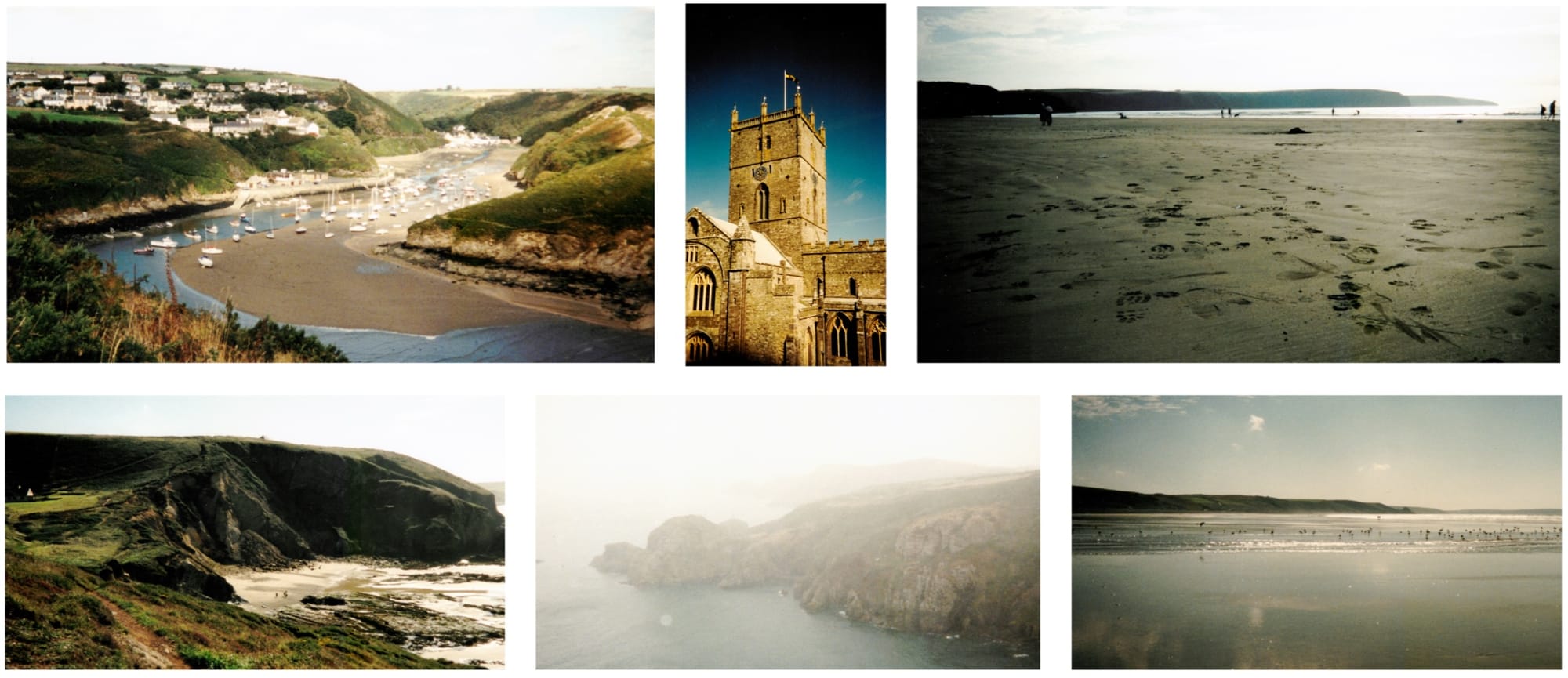 A selection of grainy colour photos of Pembrokeshire cliffs, beaches, inlets and St David's cathedral