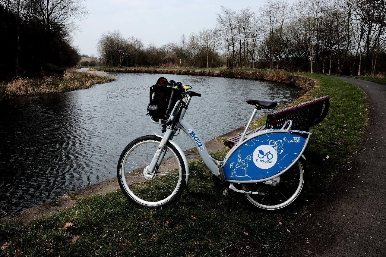 A Nextbike hire bike alongside the Forth & Clyde Canal.