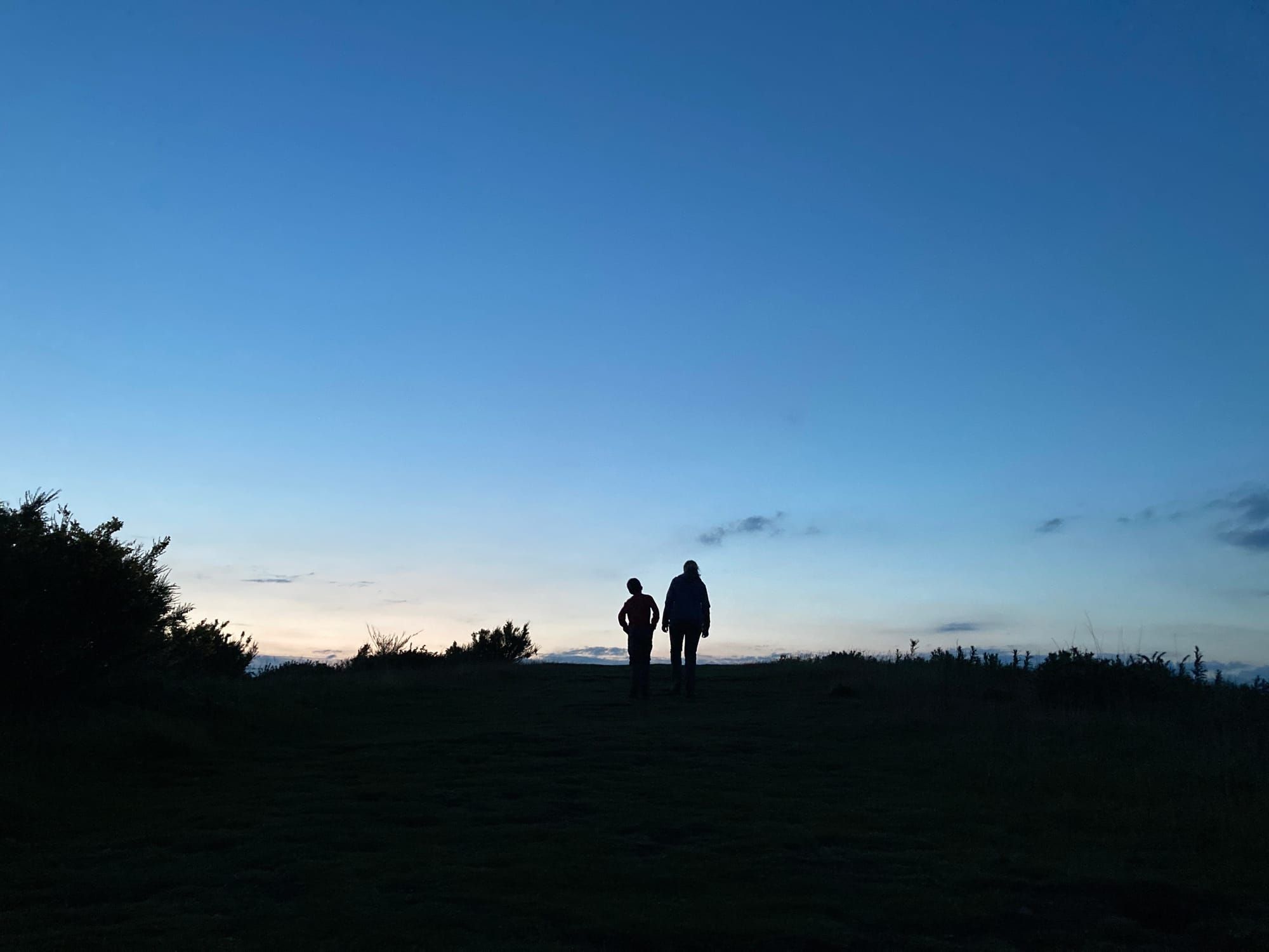 Two figures walking on a hillare silhouetted against the dark blue evening sky.