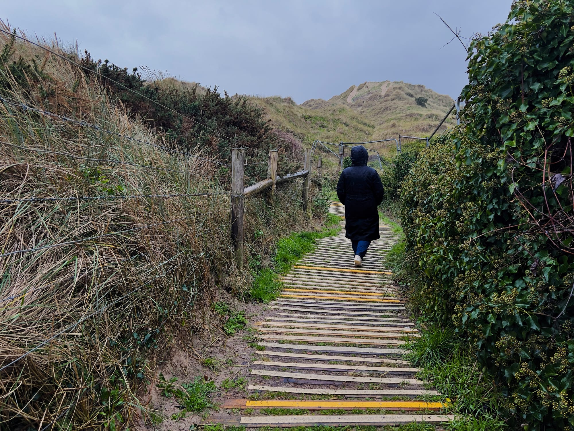 A person in a dark coat walks away along a wooden boardwalk path between sandy dunes, with scrubby grass, a low fence on the left, dense greenery on the right, and an overcast sky above.