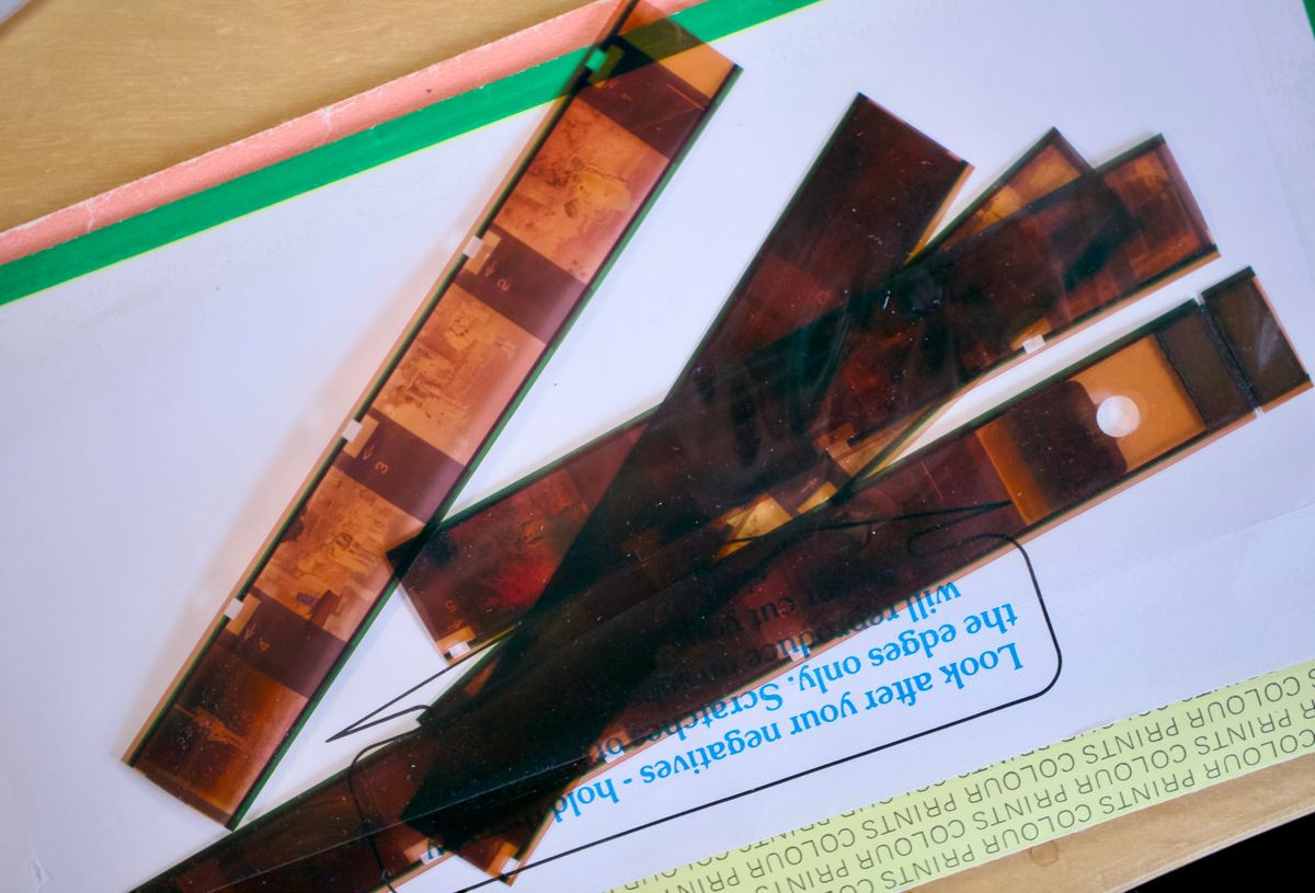 Old negatives on a photo wallet, ready for scanning. 