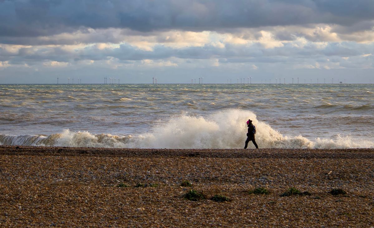 Person in dark coat and pink hat walking on a pebble beach as waves crash, with offshore wind turbines on the horizon.