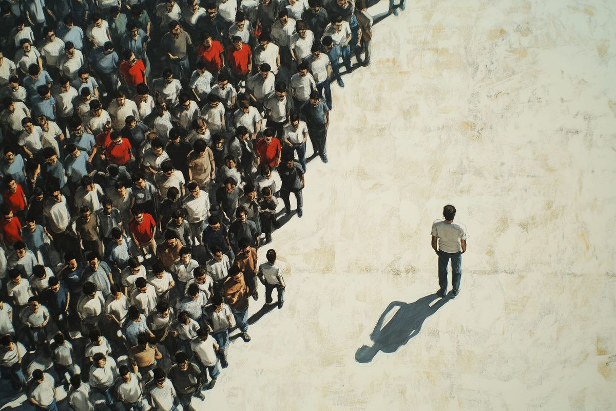 An isolated man, off to one side of a crowd, who are clearly ostracising him. 