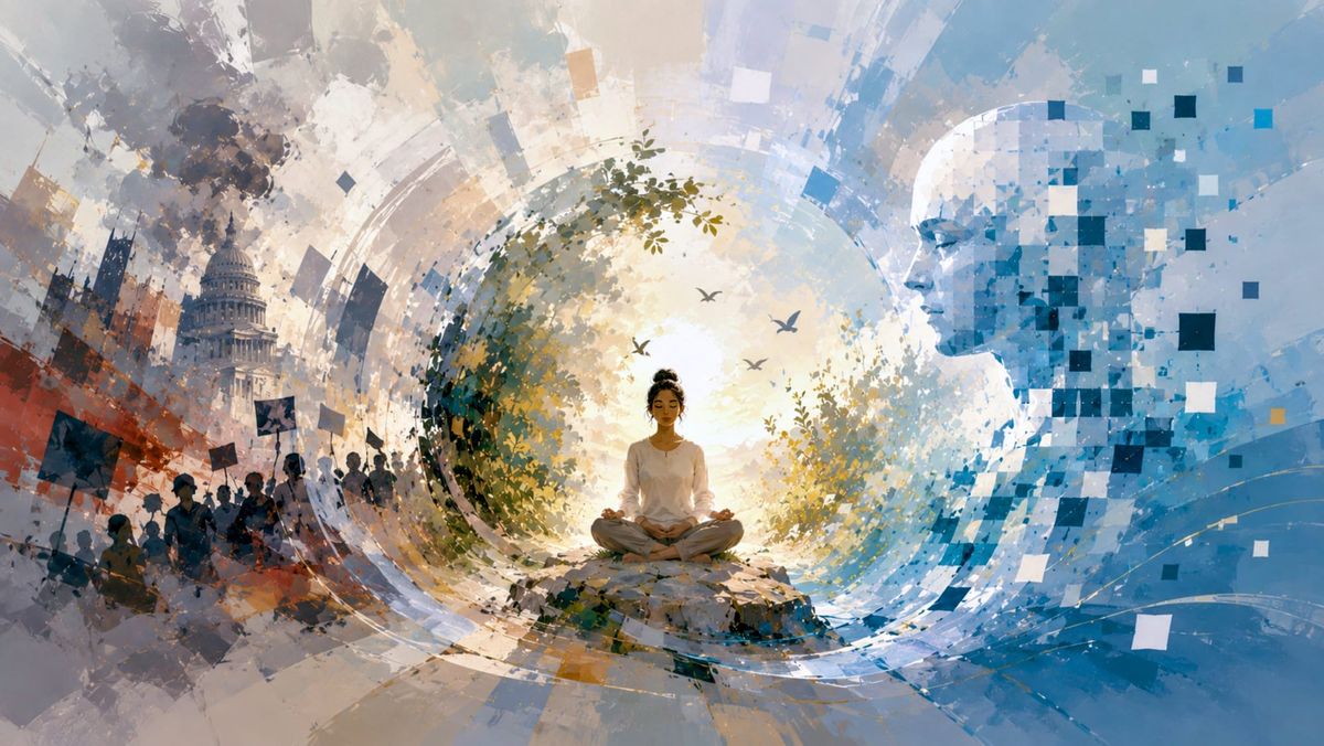 Abstract editorial illustration showing a calm person meditating in a bright centre while swirling political unrest and fragmented AI imagery, symbolising resilience amid modern chaos.