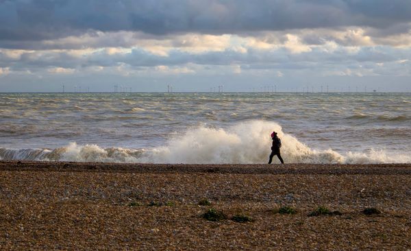 Person in dark coat and pink hat walking on a pebble beach as waves crash, with offshore wind turbines on the horizon.