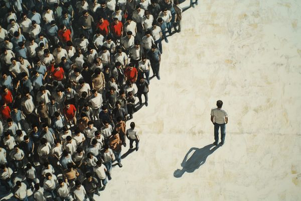 An isolated man, off to one side of a crowd, who are clearly ostracising him. 