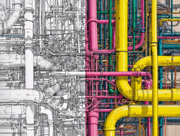 A complex industrial pipe system: left side black-and-white line art; right side colored with bright yellow, pink, teal, and turquoise, highlighting the intricate layout.